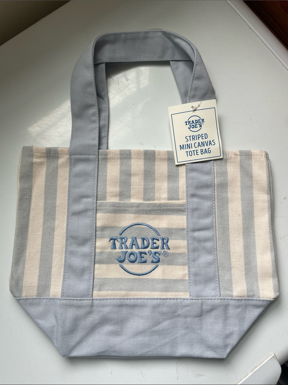 Trader Joe's Striped Mini Canvas Tote Bag in Light Blue and Cream